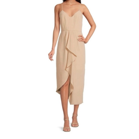 Gianni Bini Sleeveless Ruffle Asymmetrical V-Neck Spaghetti Strap Midi Dress - Picture 1 of 4